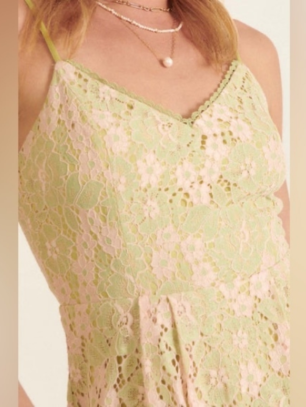 Promesa- Lace Overlay Slip Dress in Pastel Green and Pink